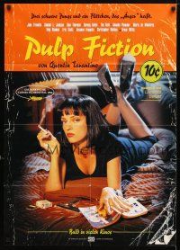 8c142 PULP FICTION advance German '94 Quentin Tarantino, Uma Thurman smoking Lucky Strikes in bed!