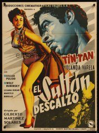 8c004 EL SULTAN DESCALZO Mexican poster '56 cool artwork of Tin-Tan, sexy Yolanda Varela!