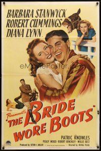 8f089 BRIDE WORE BOOTS style A 1sh '46 romantic art of Barbara Stanwyck & Robert Cummings!