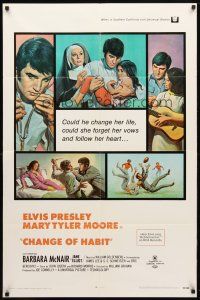 8f105 CHANGE OF HABIT 1sh '69 art of Dr. Elvis Presley in various scenes, Mary Tyler Moore!