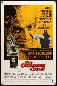 8f133 CRIMSON CULT 1sh '70 Boris Karloff, Christopher Lee, what can satisfy the devil-god?