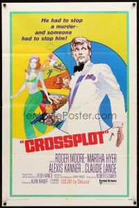 8f135 CROSSPLOT int'l 1sh '70 cool artwork of spy Roger Moore & sexy Claudie Lange!