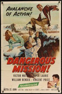 8f140 DANGEROUS MISSION 1sh '54 Victor Mature, Piper Laurie, an avalanche of action!