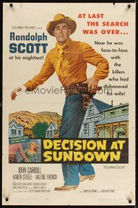 8f160 DECISION AT SUNDOWN 1sh '57 full-length Randolph Scott, directed by Budd Boetticher!