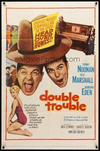 8f187 DOUBLE TROUBLE 1sh '60 Tommy Noonan, Pete Marshall, sexy Barbara Eden in swimsuit!