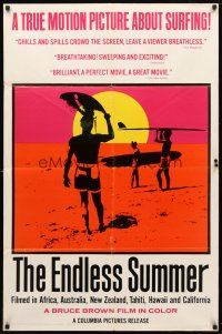 8f001 ENDLESS SUMMER int'l 1sh '67 Bruce Brown surfing sports classic, art of surfers on beach!