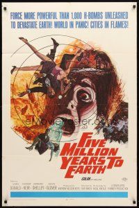 8f283 FIVE MILLION YEARS TO EARTH 1sh '67 cities in flames, world panic spreads, art by Gerald Allison!