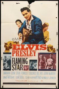 8f285 FLAMING STAR style B 1sh '60 Elvis Presley playing guitar & shirtless, Barbara Eden