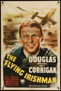 8f291 FLYING IRISHMAN 1sh '39 great close up art of Douglas Wrong Way Corrigan & airplane!