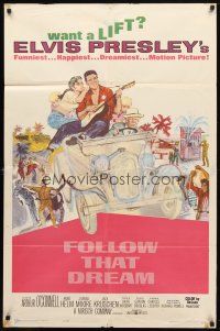 8f292 FOLLOW THAT DREAM 1sh '62 great art of Elvis Presley playing guitar in car with girl!