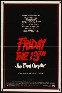 8f310 FRIDAY THE 13th - THE FINAL CHAPTER 1sh '84 Part IV, slasher sequel, Jason's unlucky day!