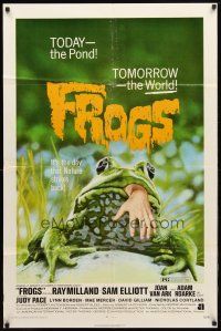 8f311 FROGS 1sh '72 great horror art of man-eating amphibian with human hand hanging from mouth!