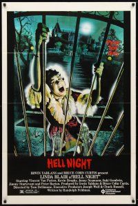 8f419 HELL NIGHT 1sh '81 artwork of Linda Blair trying to escape haunted house by Jarvis!