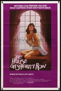 8f465 HOUSE ON SORORITY ROW 1sh '82 sexy artwork of barely clothed girl holding herself by window!