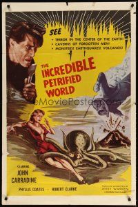 8f483 INCREDIBLE PETRIFIED WORLD 1sh '59 art of sexy Phyllis Coates attacked by octopus monster!