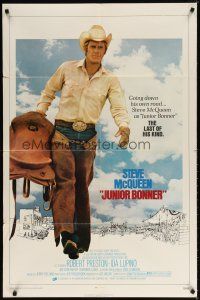 8f514 JUNIOR BONNER 1sh '72 full-length rodeo cowboy Steve McQueen carrying saddle!