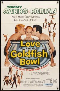 8f567 LOVE IN A GOLDFISH BOWL 1sh '61 great art of Tommy Sands & Fabian kissing pretty girl!