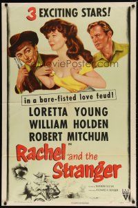 8f804 RACHEL & THE STRANGER 1sh R53 William Holden & Robert Mitchum fight over Loretta Young!