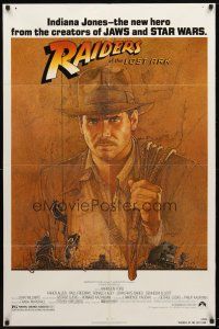 8f806 RAIDERS OF THE LOST ARK 1sh '81 great artwork of Harrison Ford by Richard Amsel!