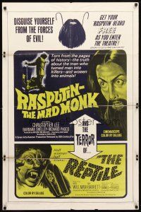 8f809 RASPUTIN THE MAD MONK/REPTILE 1sh '66 wacky Hammer double-bill, free Rasputin beards!