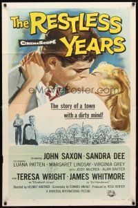 8f819 RESTLESS YEARS 1sh '58 John Saxon & Sandra Dee are condemned by a town with a dirty mind!