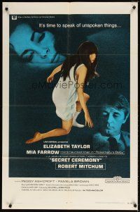 8f848 SECRET CEREMONY blue style 1sh '68 Elizabeth Taylor, Mia Farrow, Robert Mitchum!