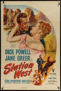 8f896 STATION WEST style A 1sh '48 cowboy Dick Powell loves Jane Greer; Burl Ives with guitar!