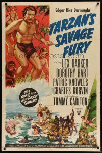 8f917 TARZAN'S SAVAGE FURY style A 1sh '52 art of Lex Barker & Dorothy Hart, Edgar Rice Burroughs