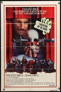 8f926 THEATRE OF BLOOD 1sh '73 great art of Vincent Price holding bloody skull w/dead audience!