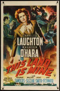 8f933 THIS LAND IS MINE style A 1sh '43 Maureen O'Hara, Charles Laughton, directed by Jean Renoir!