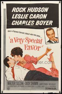 8f962 VERY SPECIAL FAVOR 1sh '65 Charles Boyer, Rock Hudson tries to unwind sexy Leslie Caron!