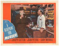 8g081 BLUEPRINT FOR MURDER LC #5 '53 Joseph Cotten inspects a bottle of medicine at drugstore!
