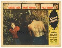 8g091 CAPE FEAR LC #5 '62 c/u of bloody Gregory Peck & Robert Mitchum at climax in swamp!
