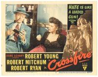 8g107 CROSSFIRE LC #8 '47 girl watches Robert Young look through wallet, classic film noir!