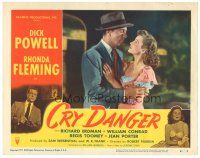 8g108 CRY DANGER LC #1 '51 romantic close up of Dick Powell & sexy Rhonda Fleming, film noir!