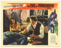 8g658 EVIL OF FRANKENSTEIN LC #3 '64 Katy Wild is puzzled by Peter Cushing working on his monster!
