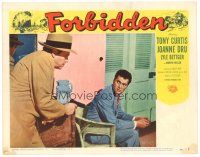 8g131 FORBIDDEN LC #5 '54 Marvin Miler holds gun on seated Tony Curtis!