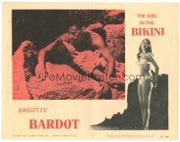 8g687 GIRL IN THE BIKINI LC #3 '58 close up of sexy Brigitte Bardot being romanced on rocks!