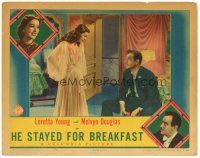 8g707 HE STAYED FOR BREAKFAST LC '40 pretty Loretta Young in negligee stares at Melvyn Douglas!