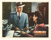8g163 KISS OF DEATH LC #4 '47 Victor Mature shows gun to girl behind desk, film noir classic!