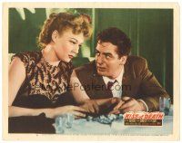 8g164 KISS OF DEATH LC #8 '47 close up of scared Victor Mature talking to Coleen Gray!