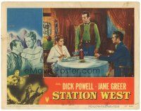 8g936 STATION WEST LC #7 '48 cowboy Dick Powell stands over Jane Greer & Gordon Oliver at table!