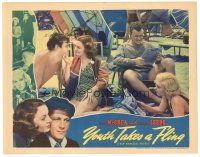 8g998 YOUTH TAKES A FLING LC '38 shirtless Joel McCrea smiles at pretty Andrea Leeds on the beach!