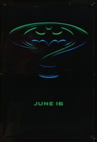 8h063 BATMAN FOREVER teaser 1sh '95 Kilmer, Kidman, cool question mark & cowl design!