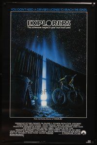 8h232 EXPLORERS 1sh '85 Joe Dante directed, image of bike & skateboard by glowing fence!