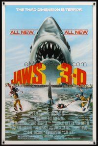 8h405 JAWS 3-D 1sh '83 great Gary Meyer shark artwork, the third dimension is terror!