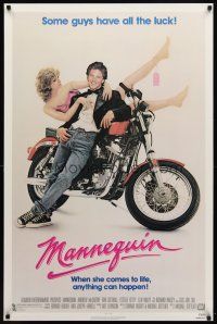 8h507 MANNEQUIN 1sh '87 great image of Andrew McCarthy & fake Kim Cattrall on motorcycle!
