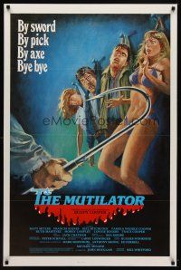 8h534 MUTILATOR 1sh '84 cool horror art of people hung on wall, by sword, by pick, by axe, bye!