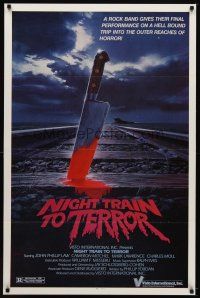8h552 NIGHT TRAIN TO TERROR 1sh '84 cool horror art of bloody knife stuck in train tracks!
