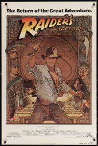 8h625 RAIDERS OF THE LOST ARK 1sh R82 great art of adventurer Harrison Ford by Richard Amsel!